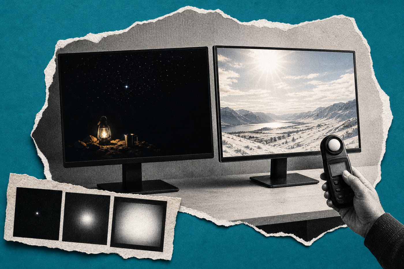OLED preserves isolated highlights against black while Mini-LED sustains stronger brightness across a broad HDR scene.