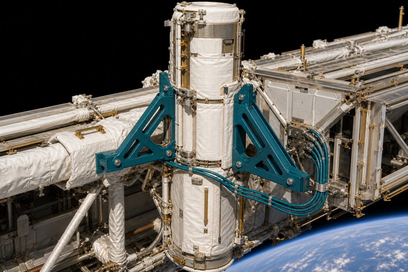 Soportes triangulares, cableado y aislamiento instalados en el canal 3B de la estructura S6 de la ISS.