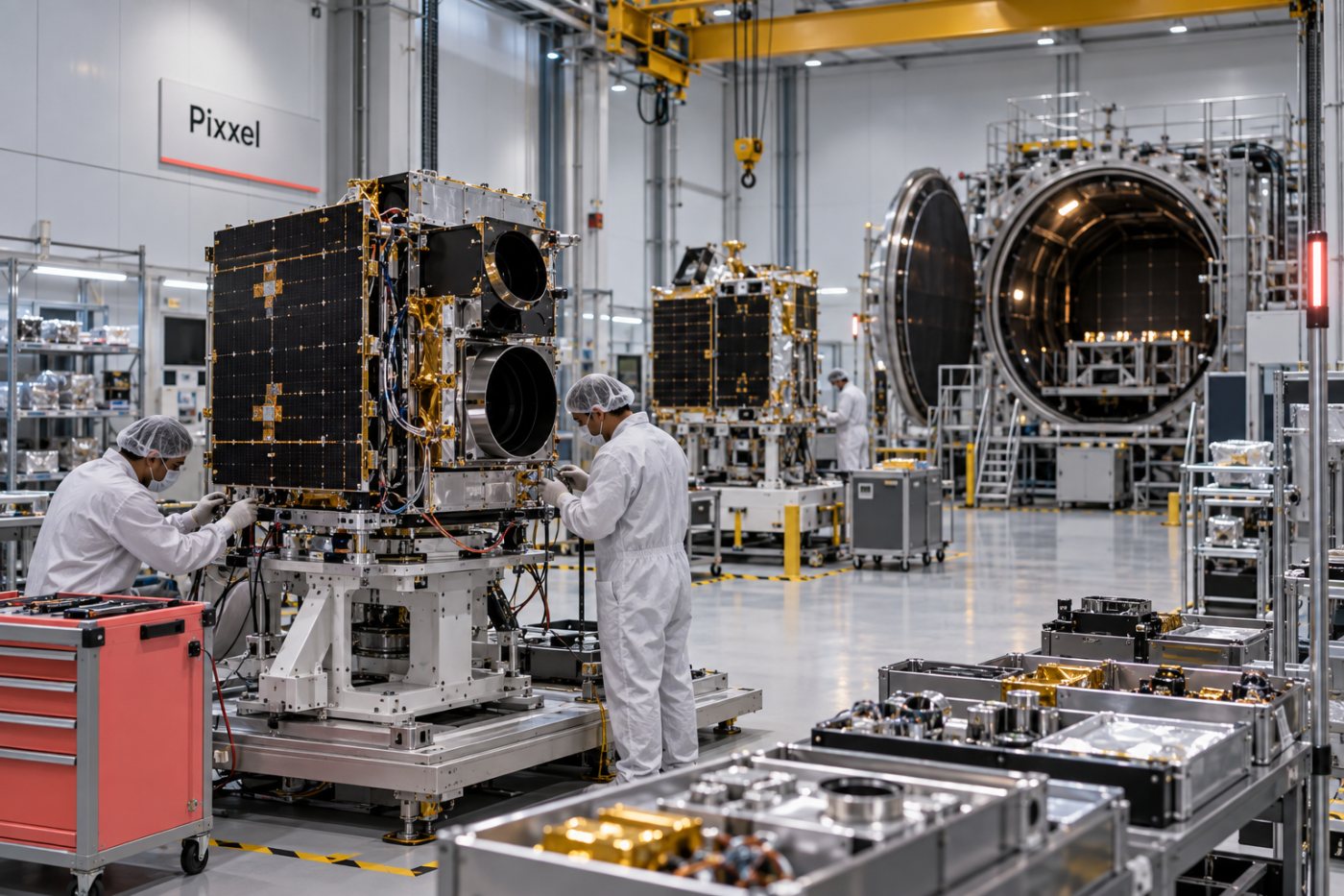 Satellitenkomponenten durchlaufen Montage und Prüfung für Pixxels geplanten Produktionsausbau.