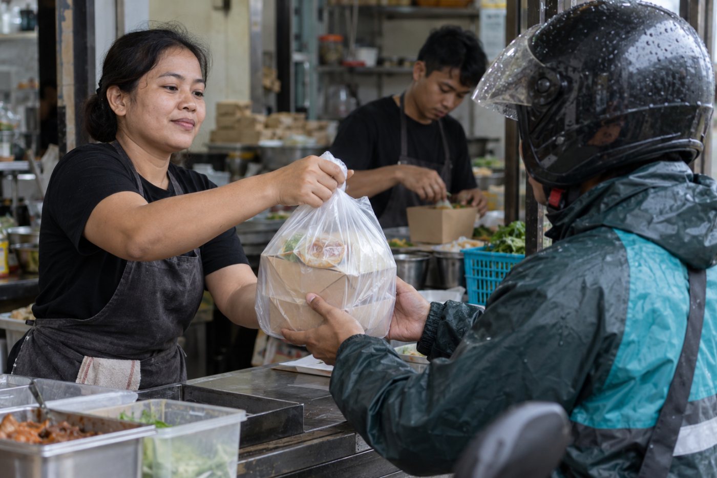 Kurir menerima pesanan makanan dari pedagang; rincian biaya jasa pengantarannya masih disiapkan Komdigi.