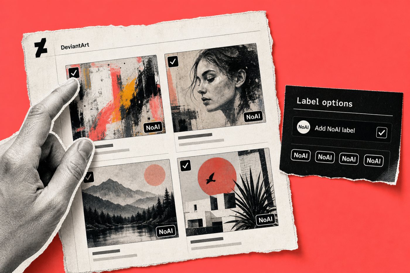 Application collective du label NoAI à plusieurs œuvres sélectionnées dans DeviantArt Studio.