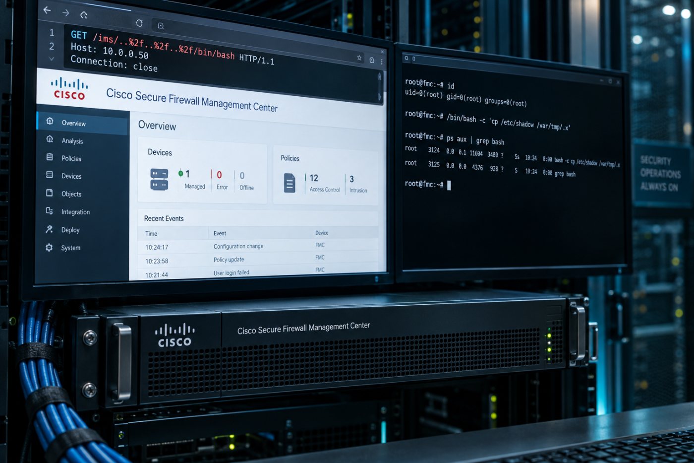 Cisco Secure Firewall Management CenterのWebインターフェースを経由し、未認証の要求から基盤OSのroot権限へ到達する攻撃
