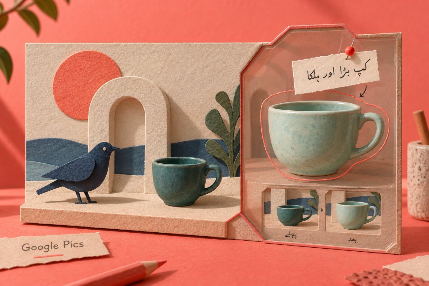 Google Pics میں منتخب شے prompt کے مطابق بدلتی ہے جبکہ باقی گرافک برقرار رہتا ہے