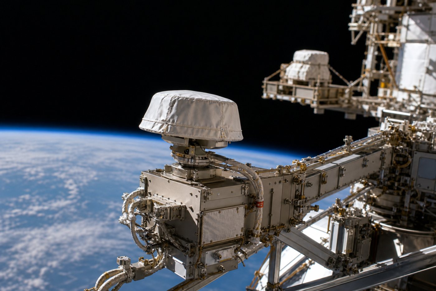 The replacement antenna is mounted on the Z1 truss while the failed unit is secured in permanent external storage.
