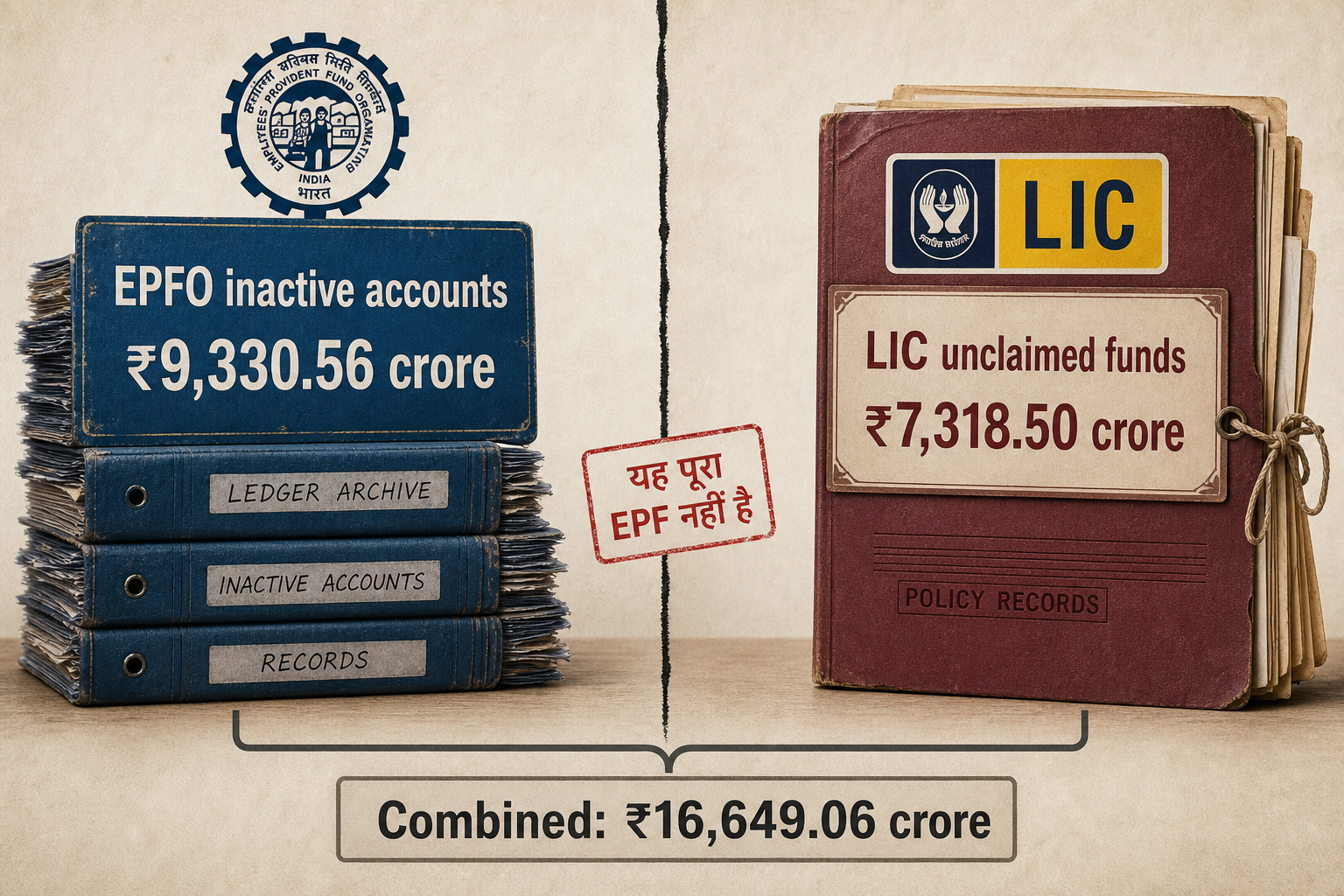 EPFO और LIC की अलग-अलग राशियों तथा संयुक्त ₹16,649.06 करोड़ का तुलनात्मक विवरण