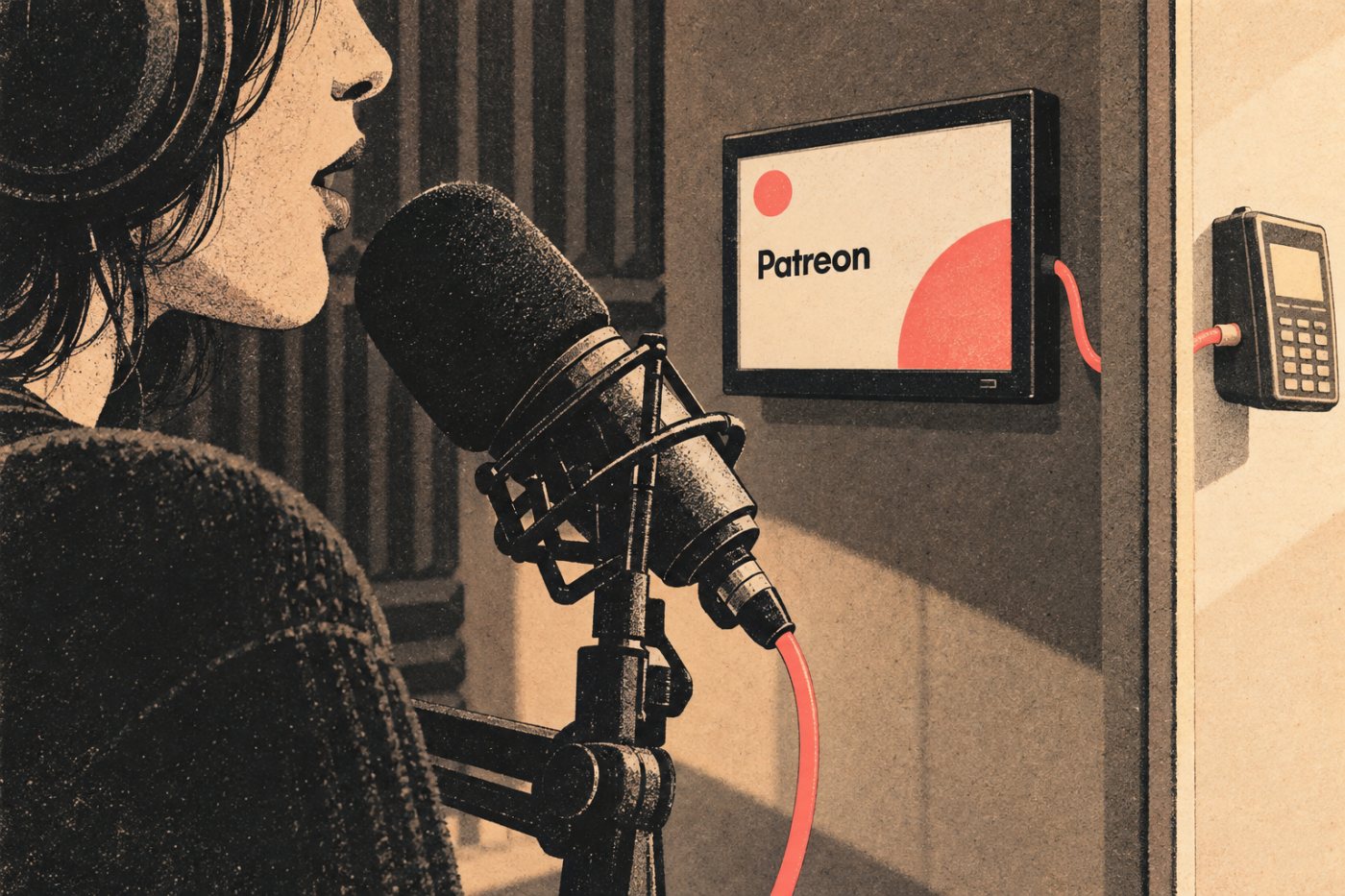 تسجيل محتوى صوتي لعضوية على Patreon مع التذكير بأن رسم المنصة لا يشمل معالجة المدفوعات.