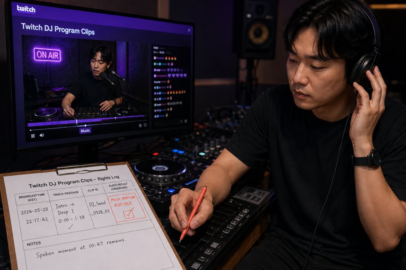 외부 게시 전 DJ가 클립 재생 결과와 사용 곡 관련 기록을 함께 검수하는 절차