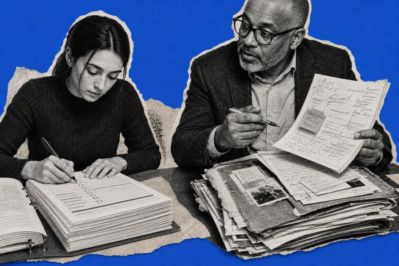Un trabajador inicial realiza tareas codificadas mientras otro experimentado resuelve un caso que exige contexto y juicio práctico.