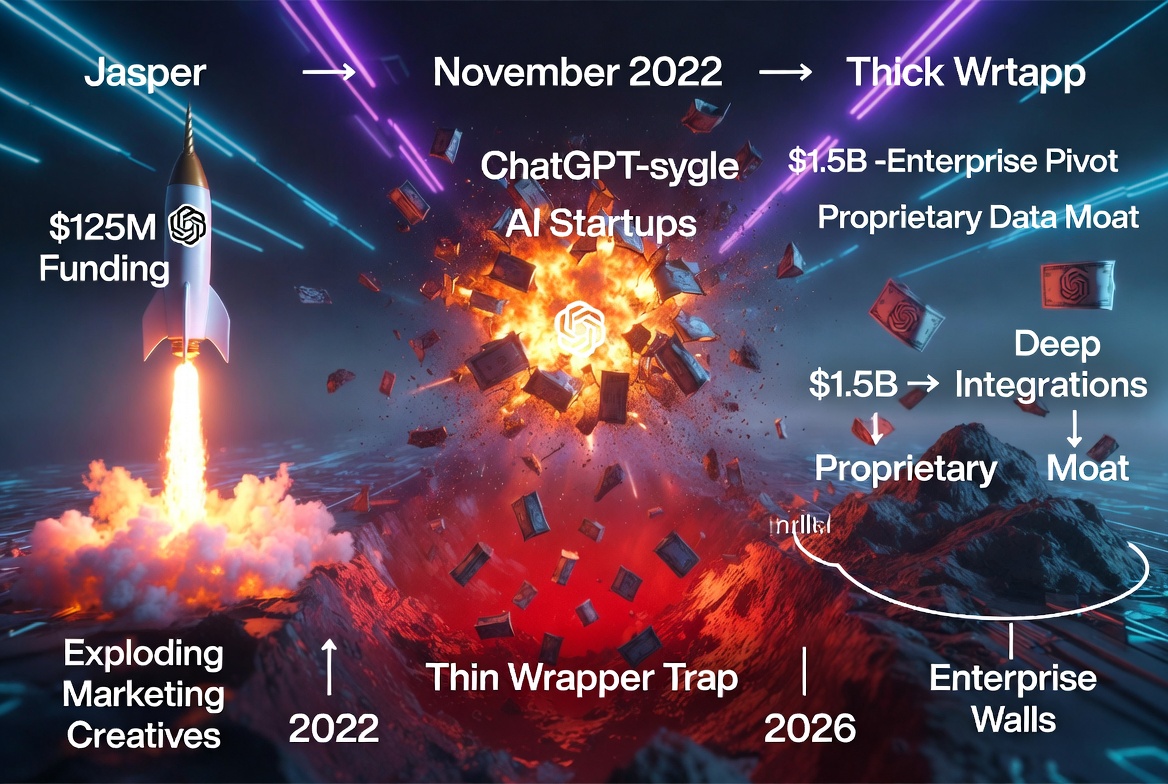 The Thin Wrapper Trap: Jasper’s Lightning Rise, Brutal Fall, and Hard-Earned Lesson for Every AI Startup