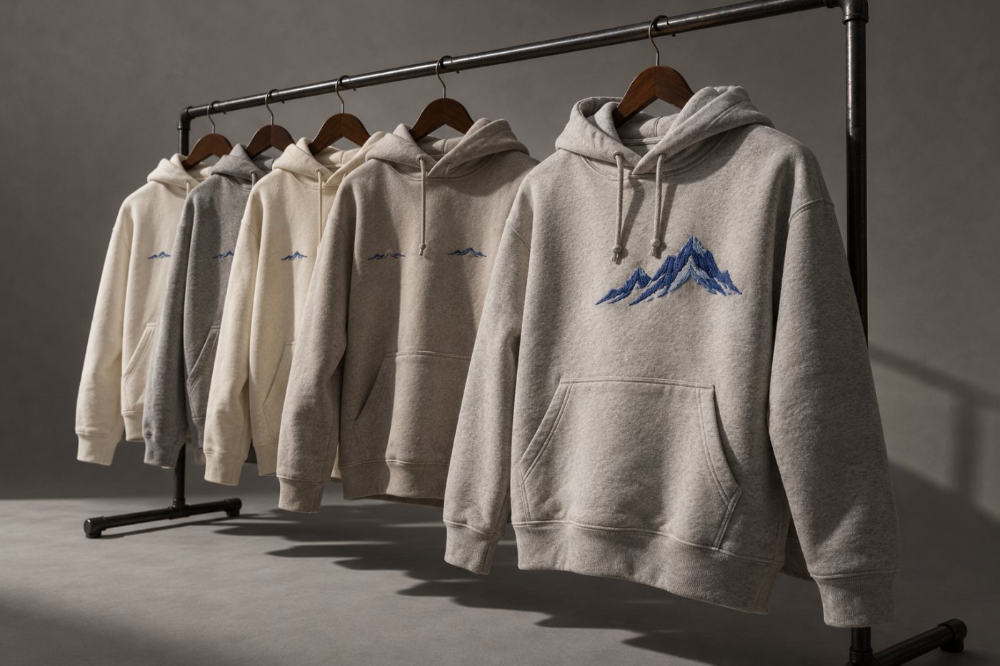 El detalle del bordado en una sudadera permite valorar el acabado antes de fijar el margen de venta.