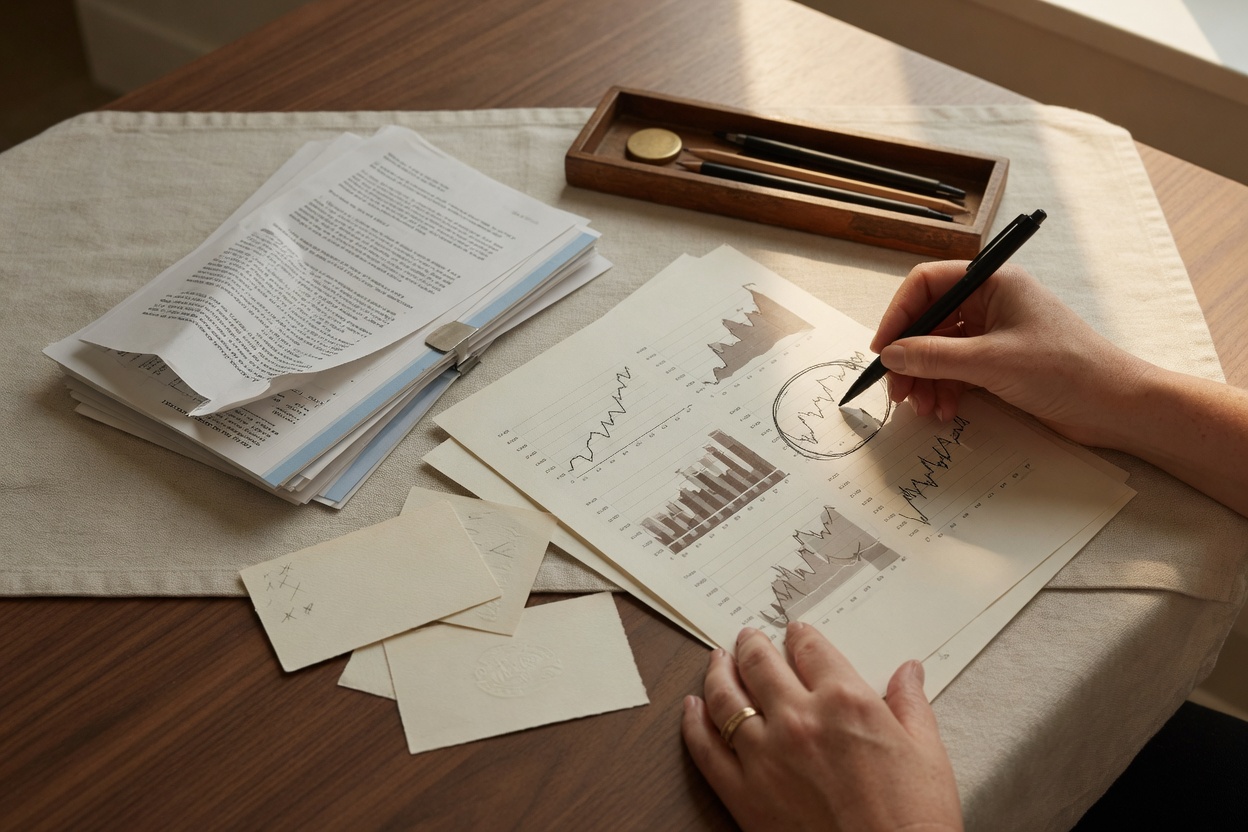 Hands annotating financial documents related to inflation and Fed meetings