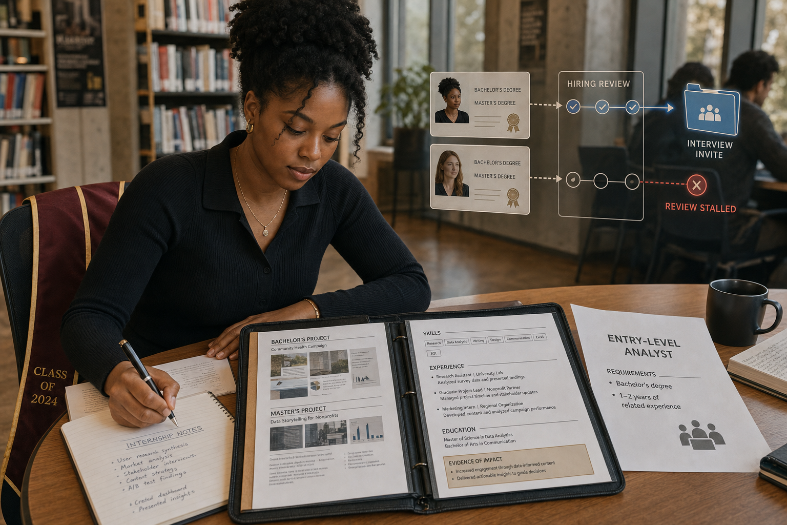 Young Black woman with advanced education faces an entry-level job requiring experience, showing that credentials do not eliminate unequal access.