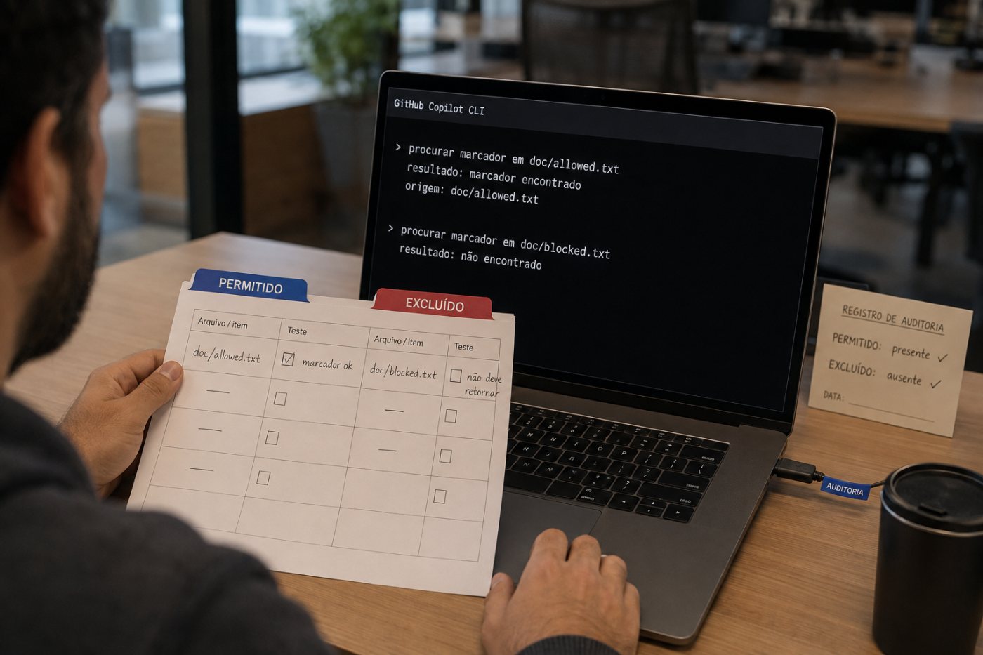 Teste com marcadores sintéticos confirma respostas diferentes para arquivos permitidos e excluídos no Copilot CLI.