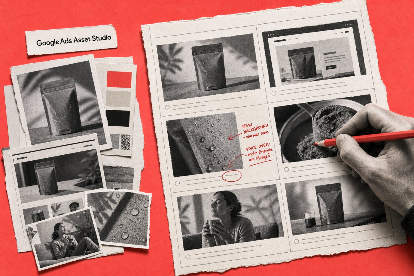 Google Ads Asset Studio verarbeitet Briefing, Markenrichtlinien und vorhandene Assets zu einem überarbeitbaren Video-Storyboard.