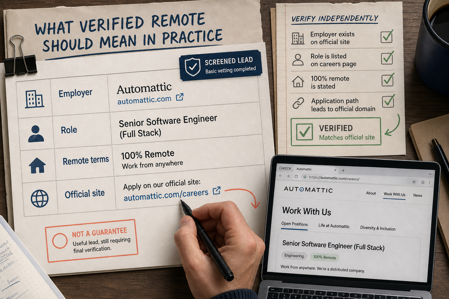 A job seeker checks an employer, role, remote terms, and official careers site before trusting a listing.