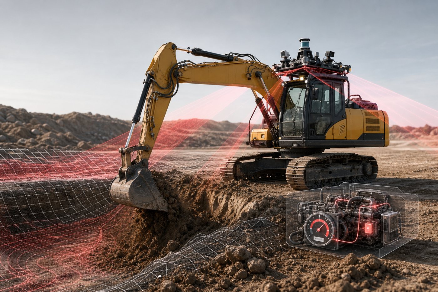 A Gravis-equipped excavator senses changing terrain and machine conditions while performing earthmoving work.