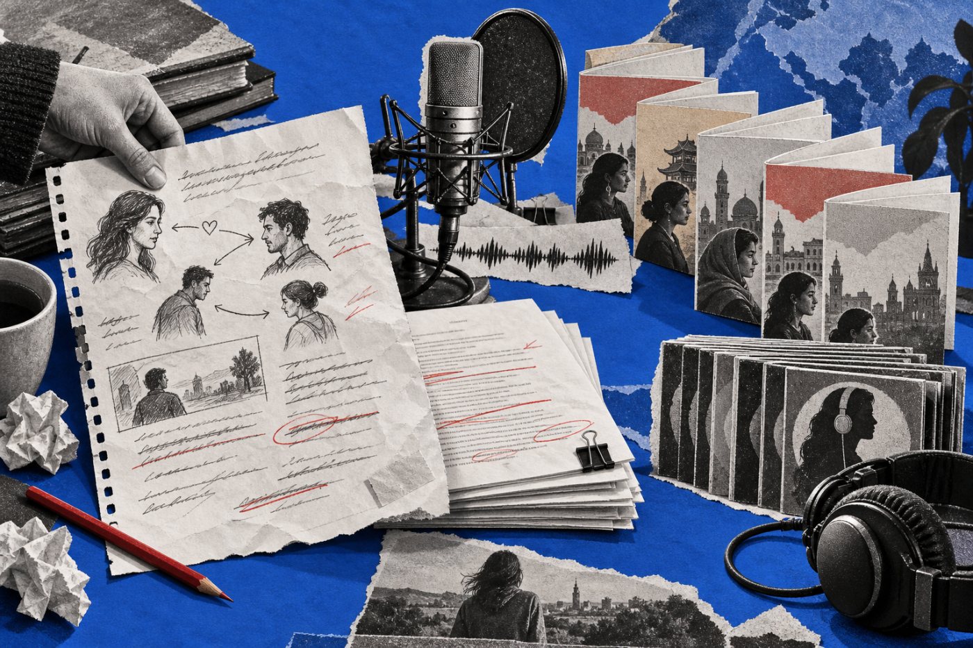 Alur Pocket FM mengubah ide manusia menjadi naskah, audio, versi bahasa, dan episode siap distribusi.