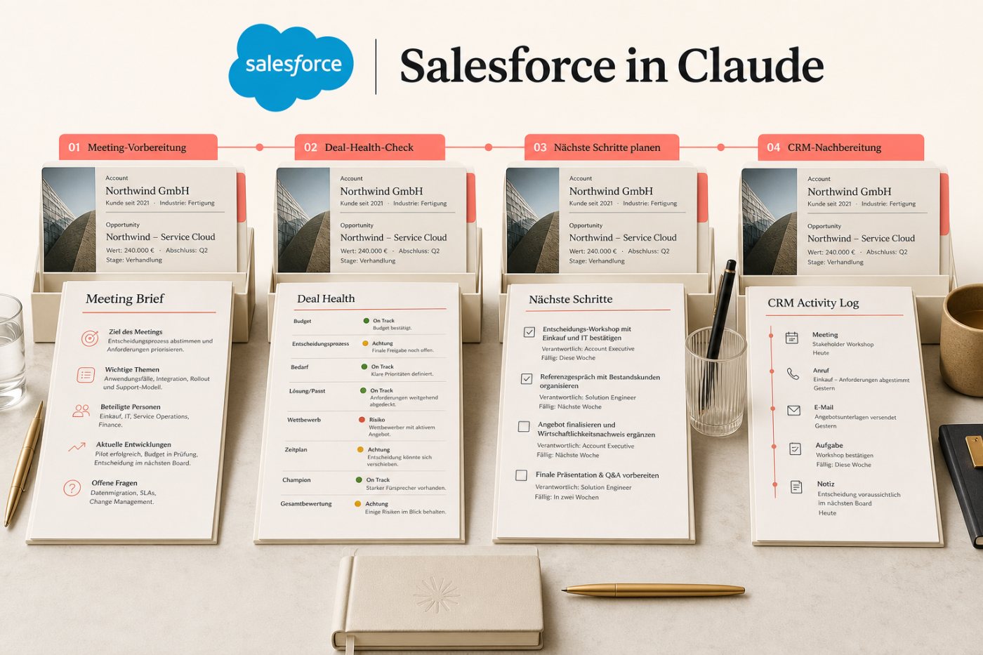 Salesforce in Claude verbindet Gesprächsvorbereitung, Deal-Analyse, Planung und CRM-Nachbereitung für eine aktuelle Opportunity.
