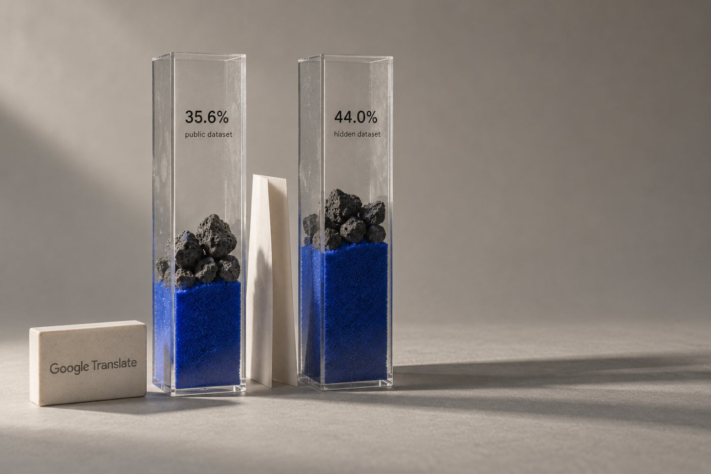 Mat á Google Translate sýndi 35,6% rétt þýddra orðasambanda í opnu gagnasafni og 44,0% í földu gagnasafni.