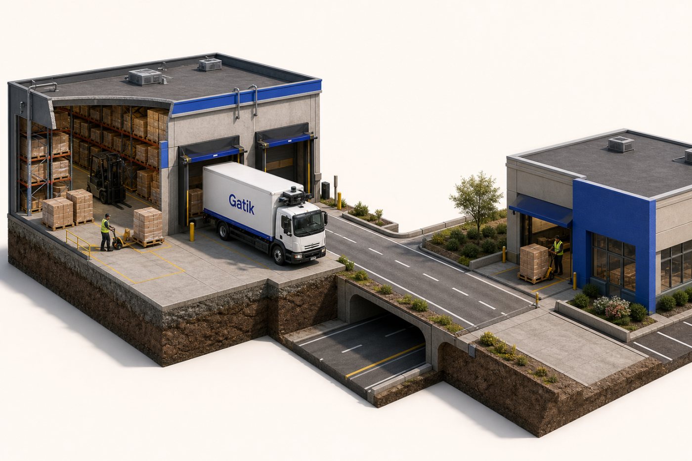 A Gatik driverless box truck completes a commercial freight movement within an active customer supply chain.