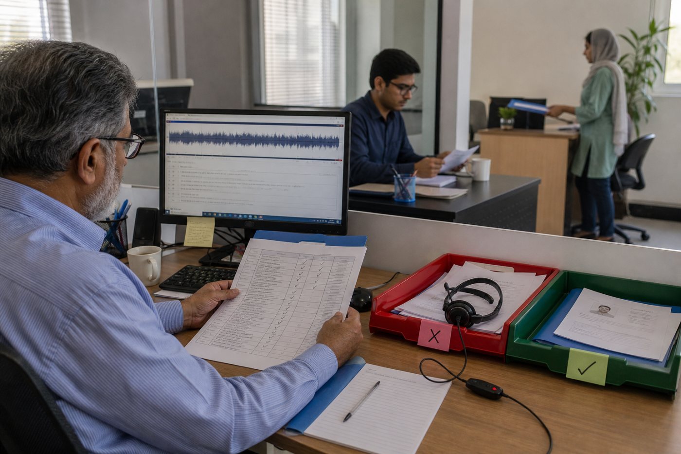 HR ٹیم مشترک rubric، second-rater review اور technical fallback کے ساتھ interview نتائج جانچتی ہے