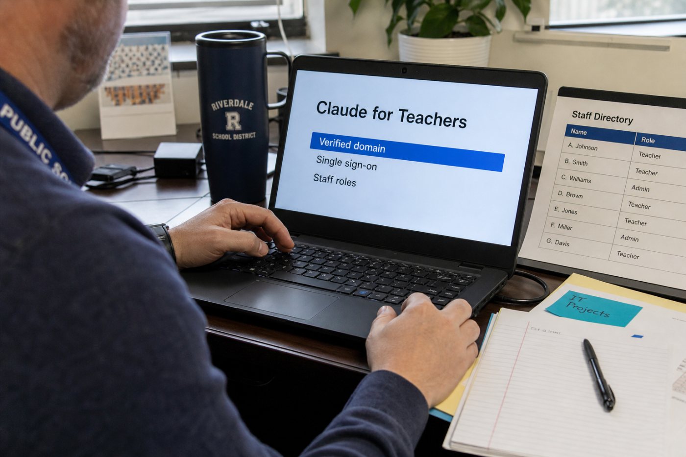 Eine US-Schulverwaltung richtet Claude for Teachers mit verifizierter Domain, zentralen Rollen und gemeinsamem Zugang ein.