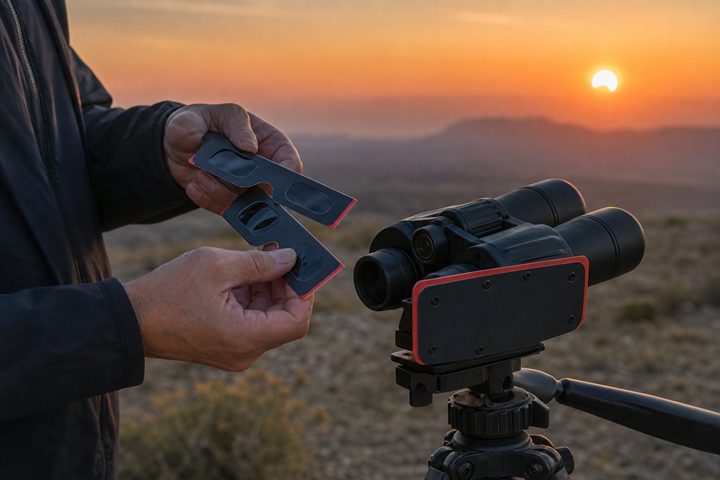 An observer checks eclipse viewers beside binoculars protected by a solar filter secured over the front optics.