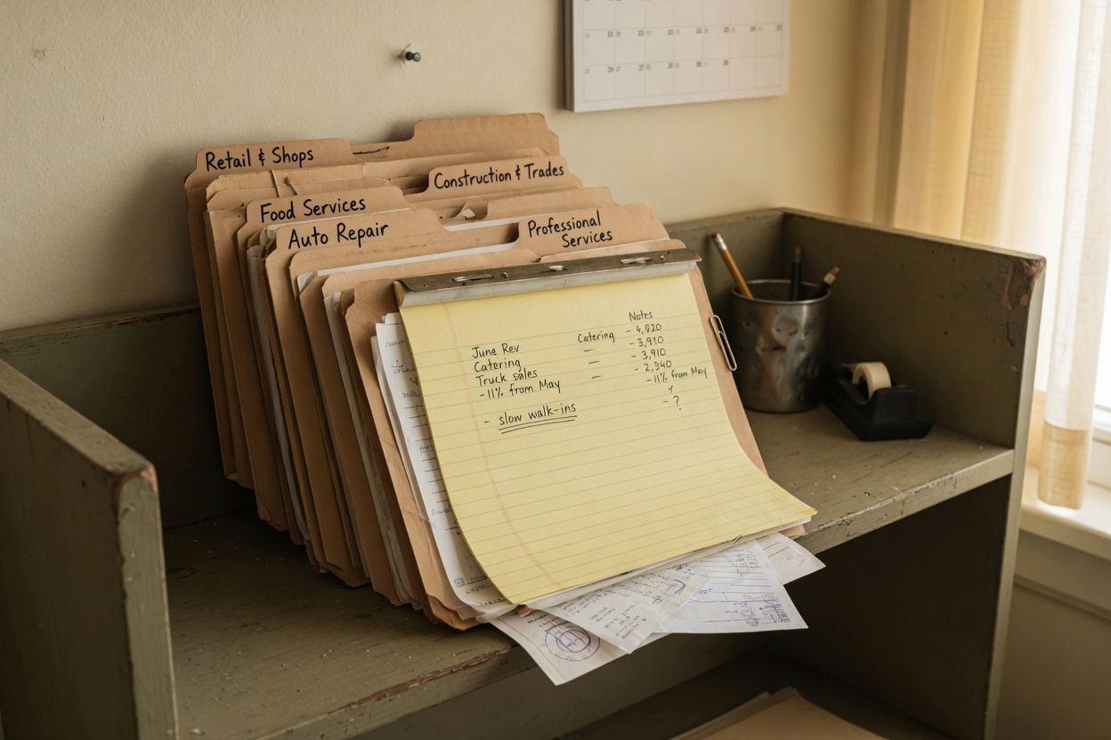 Physical folders for various business sectors in a small business office