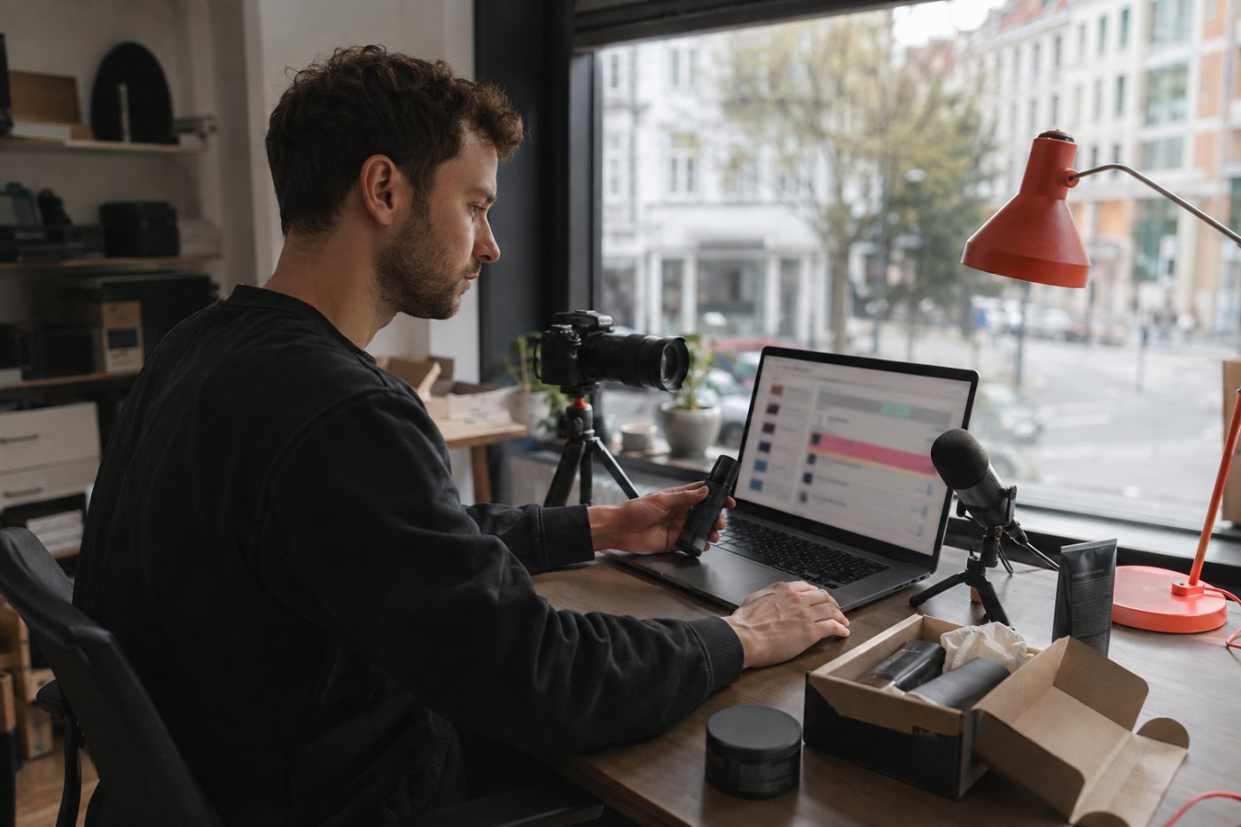 A creator checks product availability and merchant-set commission terms before tagging a German retail item.