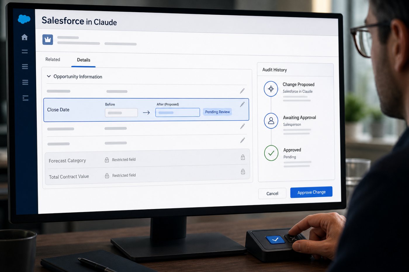 Salesforce in Claude একটি নির্দিষ্ট opportunity field বদলের প্রস্তাব দিচ্ছে, অনুমোদিত ব্যবহারকারী তা যাচাই করছেন এবং সীমাবদ্ধ field অপ্রাপ্য থাকছে