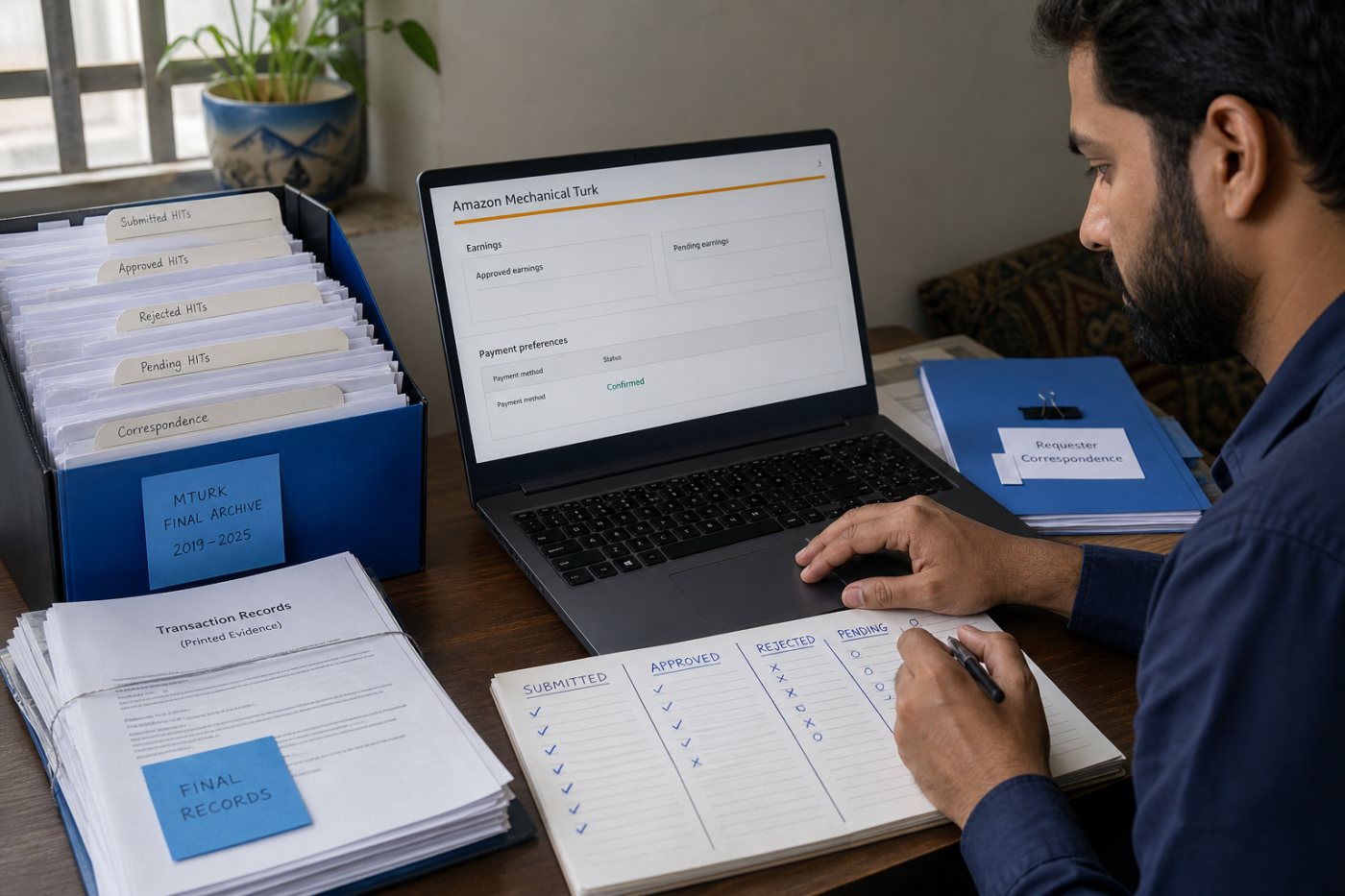 پاکستانی MTurk worker بندش سے پہلے pending HITs، earnings اور payment preferences کا ریکارڈ محفوظ کر رہا ہے۔