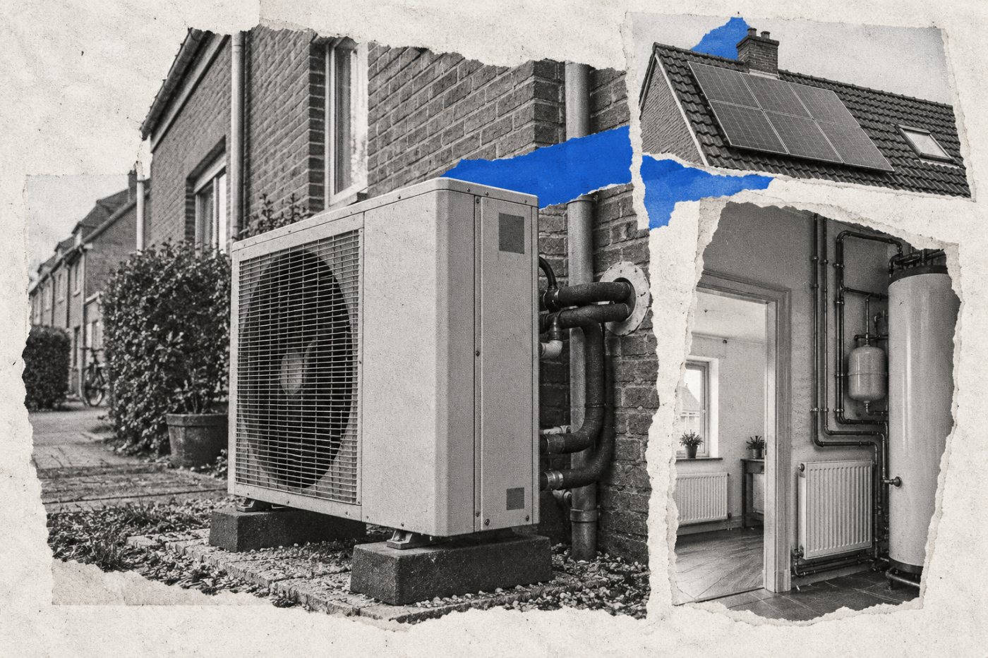 Een warmtepomp en zonnepanelen bij een woning tonen de apparaten die NOX Energy via bestaande energiediensten wil verbinden.