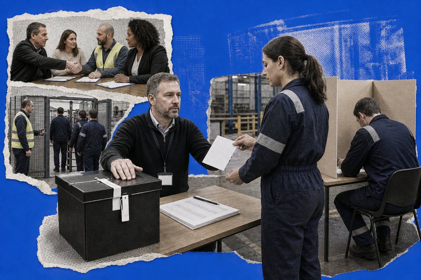 Un assesseur indépendant vérifie un salarié et contrôle une urne scellée dans un espace de vote convenu avec l’employeur.