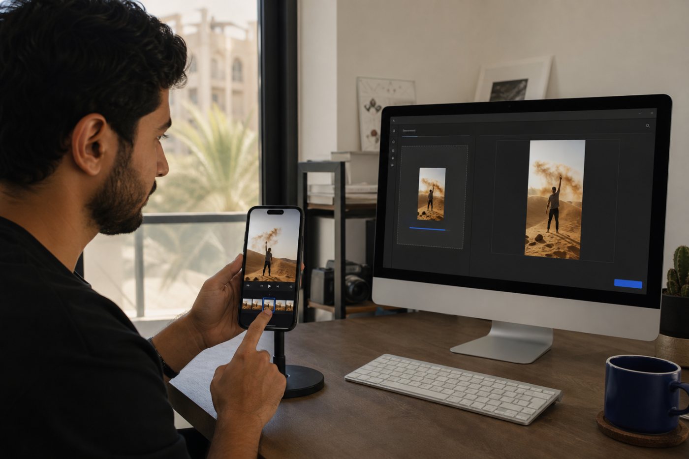 الهاتف يختار إطارًا من Short بينما يرفع الحاسوب ملفًا رأسيًا مخصصًا للحساب المؤهل.