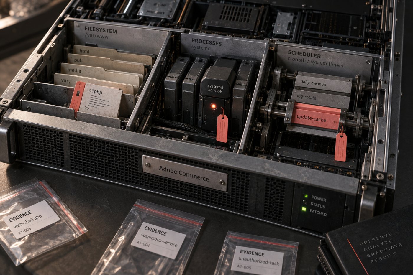 Responders inspect a patched Adobe Commerce server for a PHP web shell, disguised process and scheduled persistence.