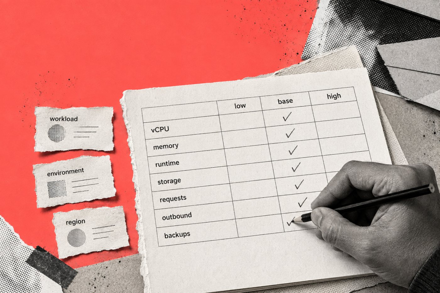 ایک مشترک cloud worksheet میں compute، storage، requests، egress اور backup کے کم، متوقع اور زیادہ استعمال کے inputs