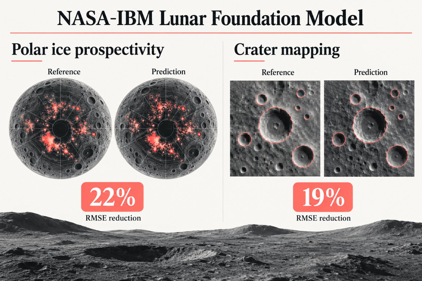 বরফের সম্ভাবনা অনুমানে ২২% কম RMSE এবং ১০০ মিটার crater task-এ পৃথক ১৯% উন্নতির তুলনা