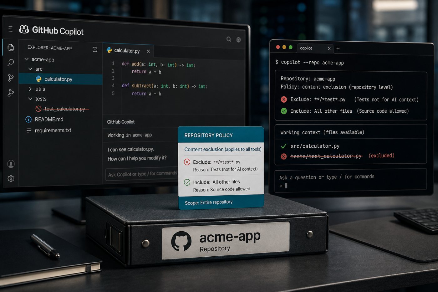 संग्रह स्तर की एक नीति को GitHub Copilot app और CLI दोनों बहिष्कृत फ़ाइल पर लागू करते हैं।