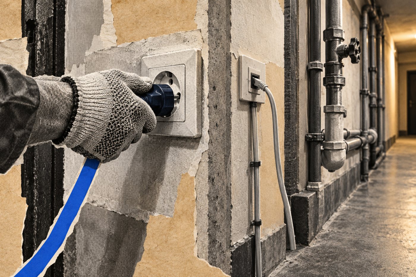 Zasilanie i łącze internetowe prowadzą do miejsca pracy zdalnej, a instalacja wodna pozostaje oddzielnym kosztem mieszkania.