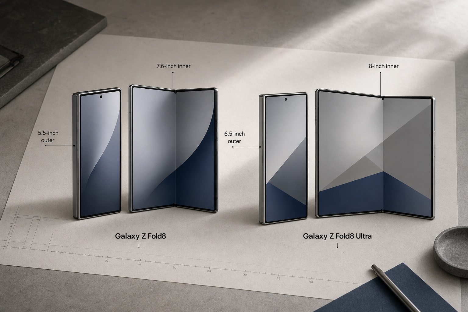 Galaxy Z Fold8 और Galaxy Z Fold8 Ultra की स्क्रीन के आकार और अनुपात की तुलना