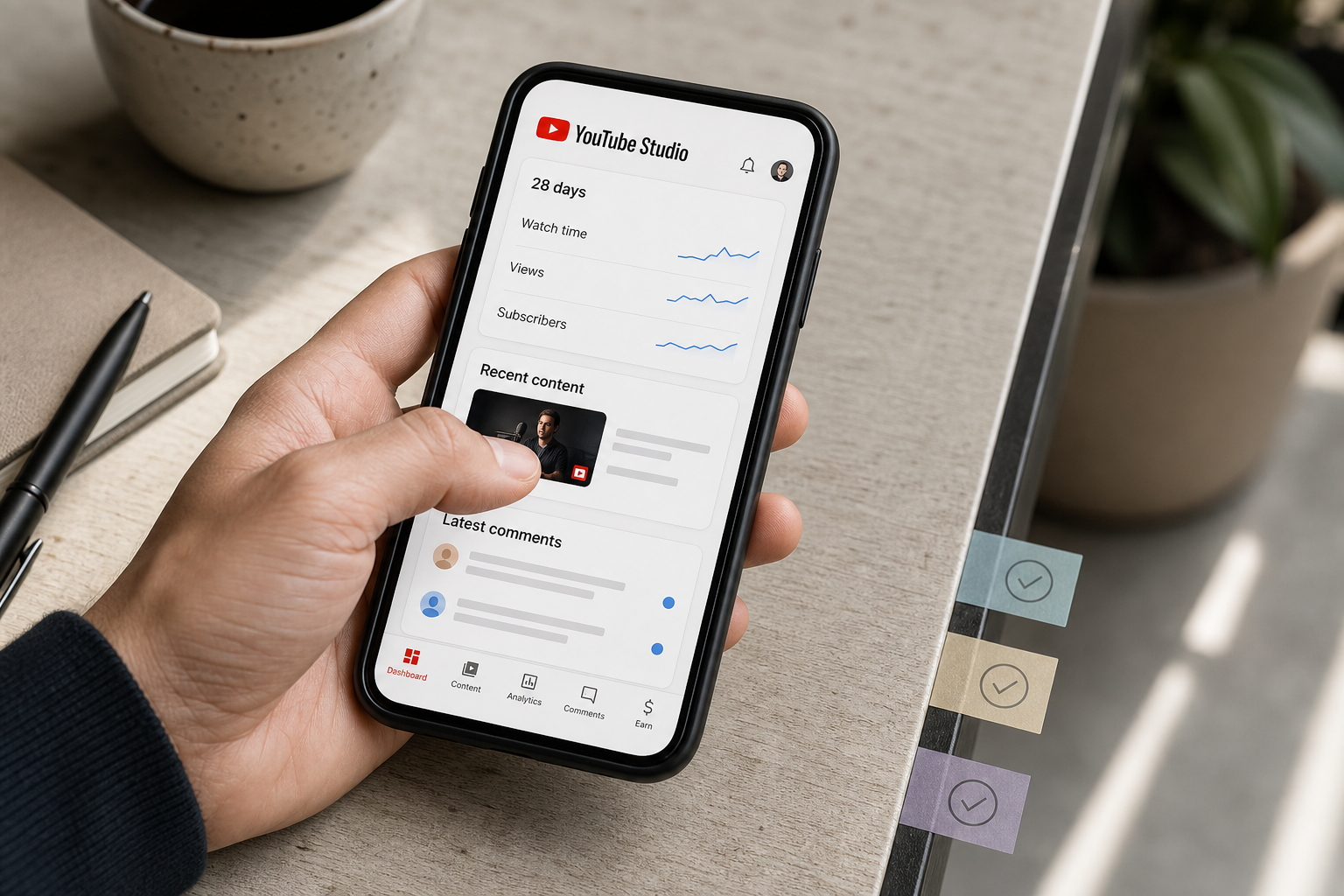 YouTube Studio mobile dashboard showing channel analytics, recent content and unanswered comments as the starting point for an engagement review