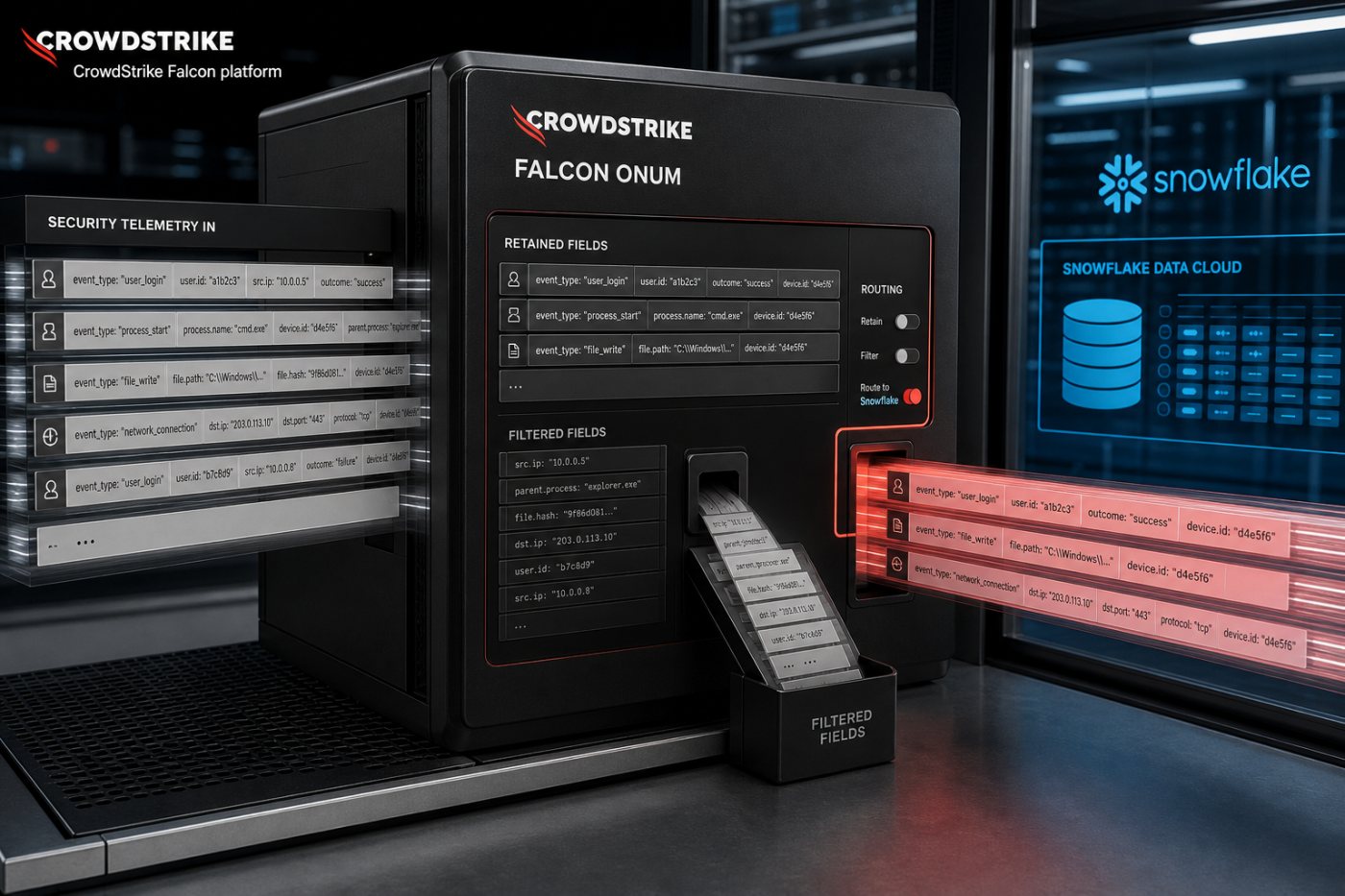 Falcon Onum يوجّه قياسات أمنية مختارة إلى Snowflake ضمن مسار نقل منفصل عن البحث الاتحادي.