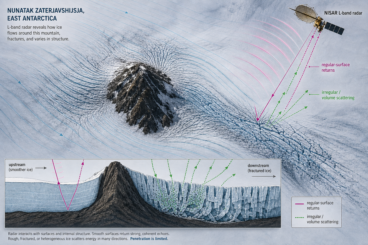 NISAR radar returns distinguish smooth Antarctic ice from fractured crevasses around Nunatak Zaterjavshijsja.