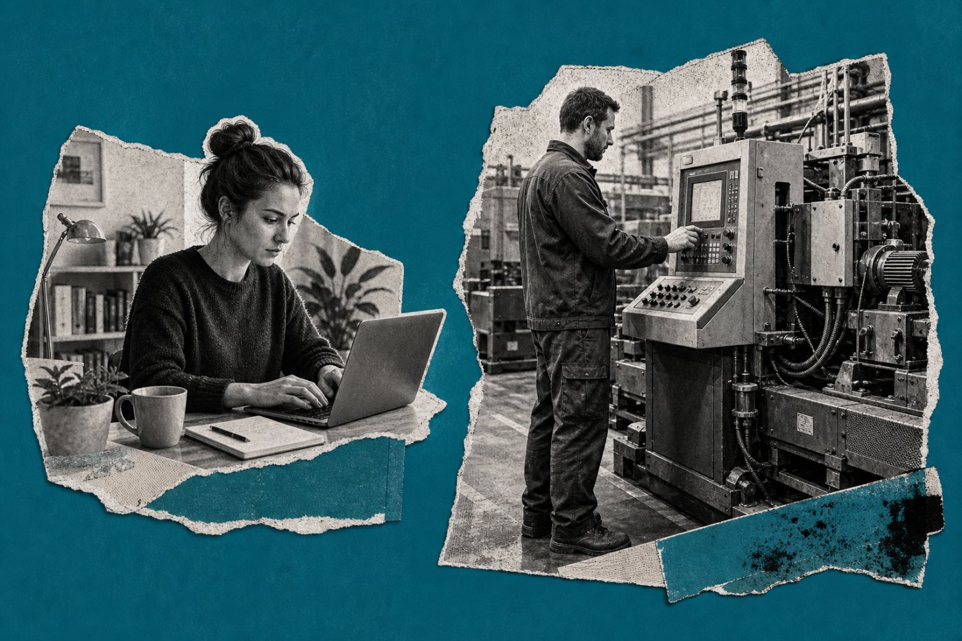 Digitale Büroarbeit ist mobil möglich, während eine Tätigkeit an einer Industrieanlage ortsgebunden bleibt.