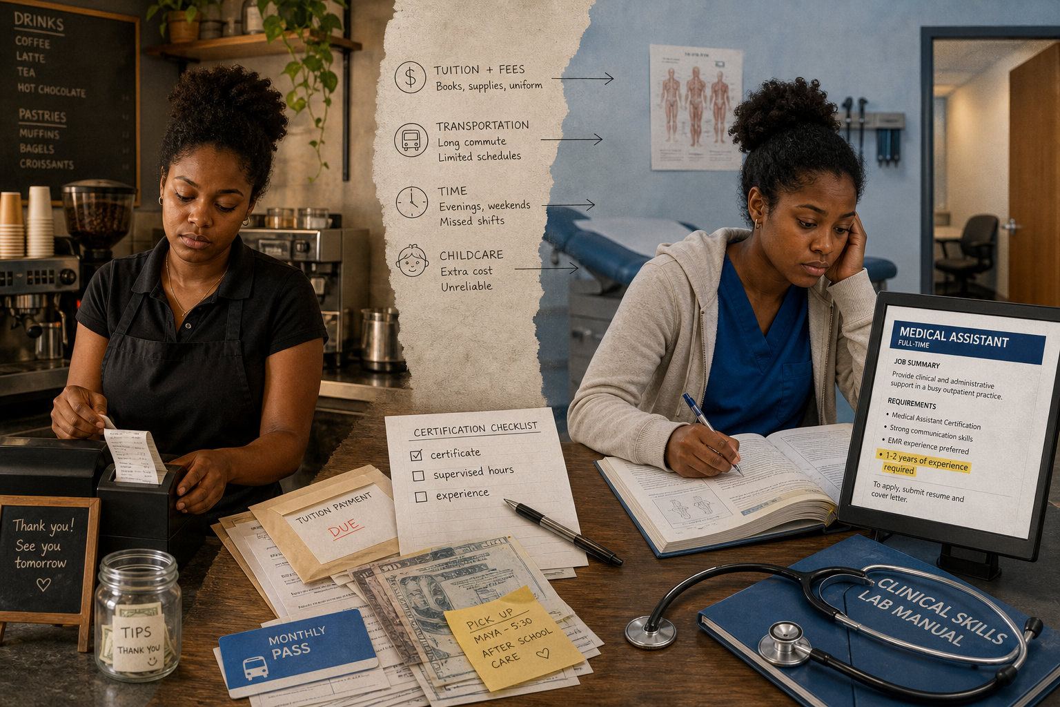 Career pathway from lower-paid service work to healthcare shows certification requirements and education costs creating an access barrier.