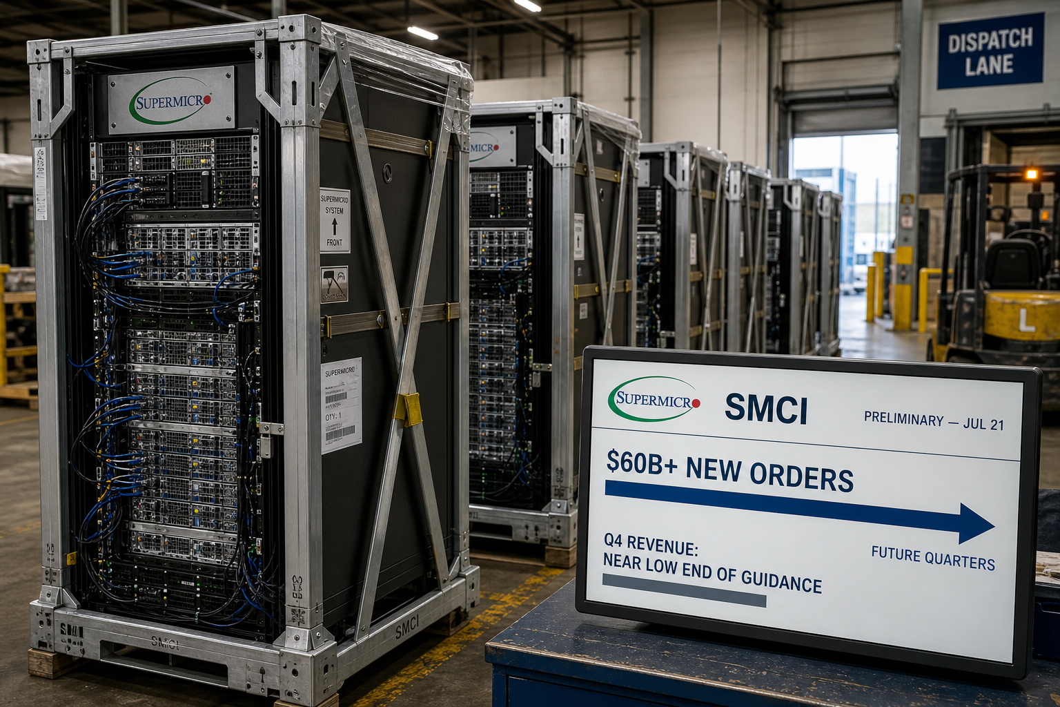 Supermicro AI servers queued for future delivery as a $60 billion order pipeline exceeds near-term recognized revenue.