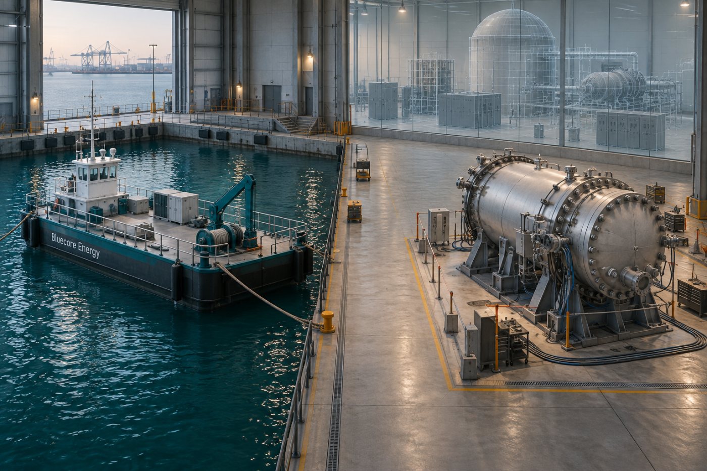 La barge, le module d’essai et la future centrale autorisée correspondent à trois stades distincts du projet Bluecore.