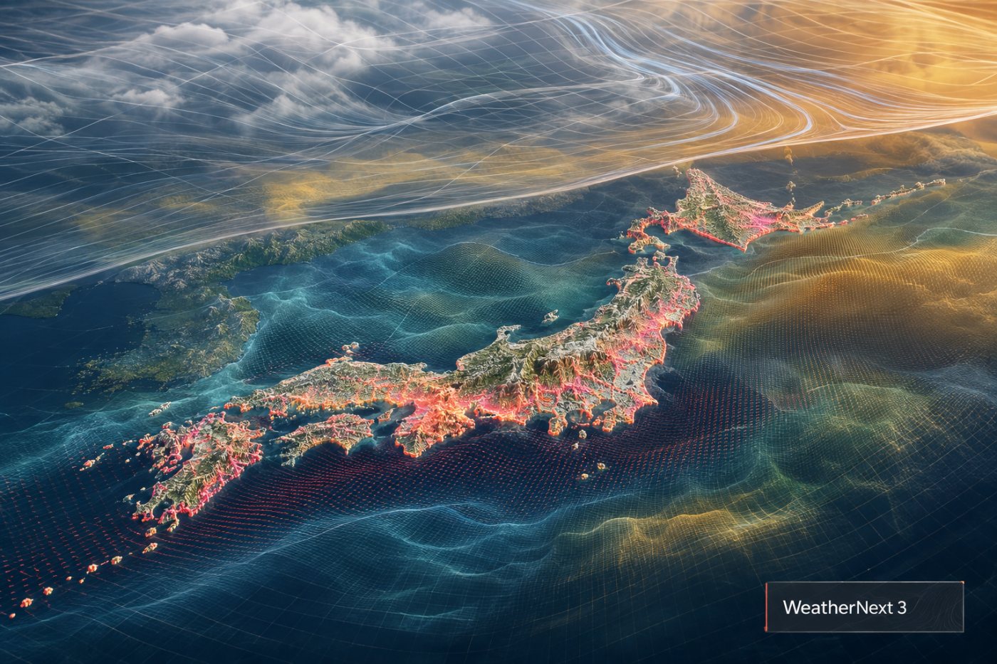 WeatherNext 3が日本周辺の地表変数と大気変数を5km、10km、25kmの異なる解像度で表す比較