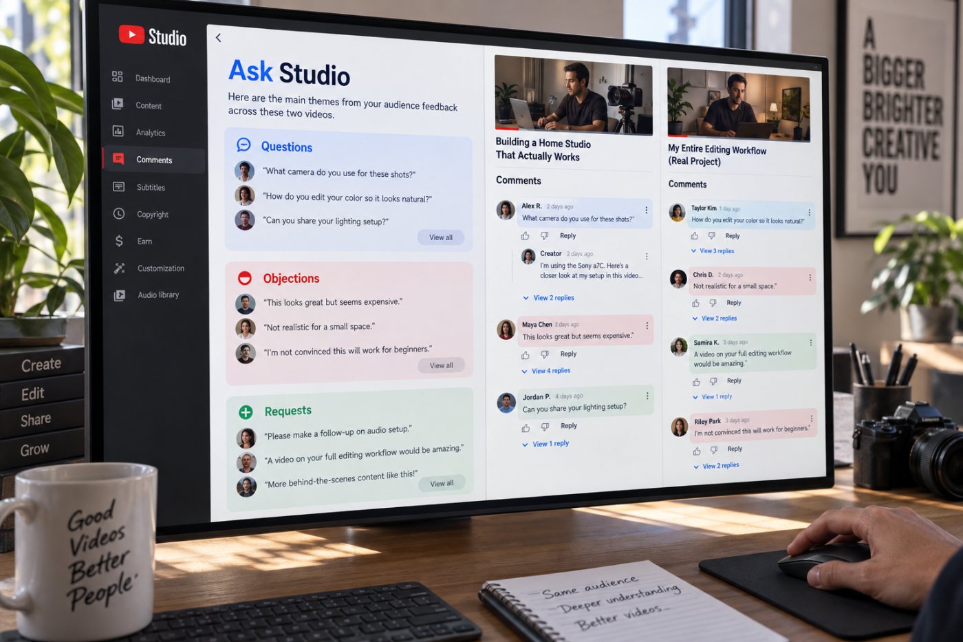 Ask Studio agrupa comentarios de dos vídeos y el creador contrasta los temas con los hilos originales.